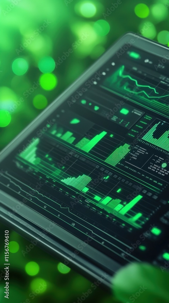 Fototapeta premium Modern Digital Tablet Displaying Financial Data with Green Bar Graphs and Statistics Over Lush Green Background for Business and Technology Concepts