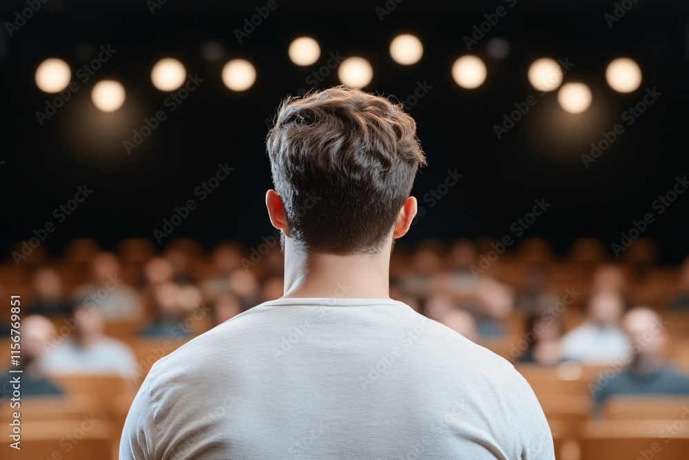A person stands before an audience in a dimly lit auditorium, preparing to speak under bright overhead lights. A person stands before an audience in a dimly lit auditorium, preparing to speak under bright overhead lights.