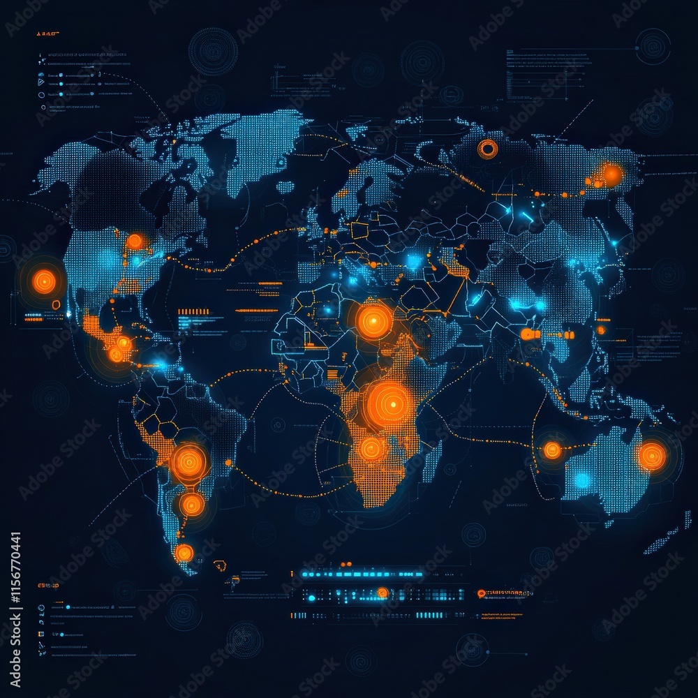 Fototapeta premium Futuristic Global Map with Interactive Data Visualization and Tech Elements, Representing Connectivity and Digital Analytics in a Stylish Presentation