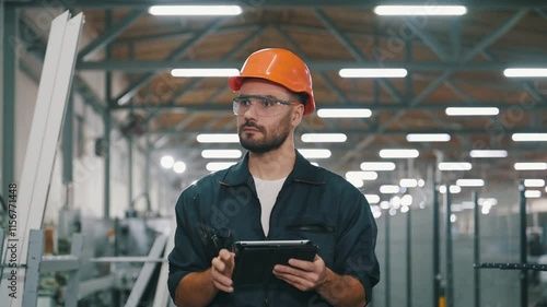 Employee engender in uniform and with white hard hat walks in the factory.