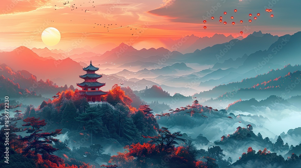 Fototapeta premium flat design, illustration, The Temple on the Hill: A peaceful journey to a mountaintop temple