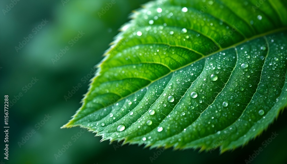 A close-up of a rich green leaf displaying water droplets, highlighting the beauty and vibrancy of spring A close-up of a rich green leaf displaying water droplets, highlighting the beauty and vibrancy of spring