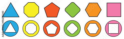 Various number of geometric shape. Different types of regular polygons. 2d geometric shapes. triangle, square, pentagon, hexagon, heptagon, octagon, nonagon, decagon, hendecagon, dodecagon vector.