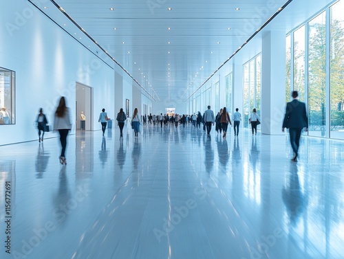 A long exposure photograph capturing a crowd of business people walking through a spacious, modern atrium with reflective floors and large windows.