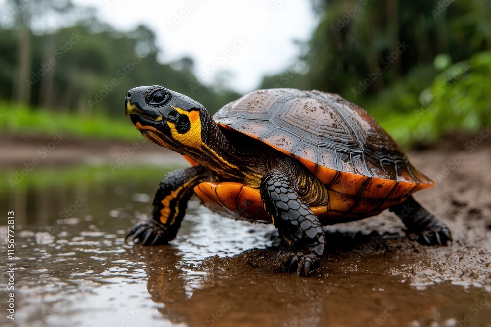 Colorful turtle walking near water in a natural habitat. Colorful turtle walking near water in a natural habitat.