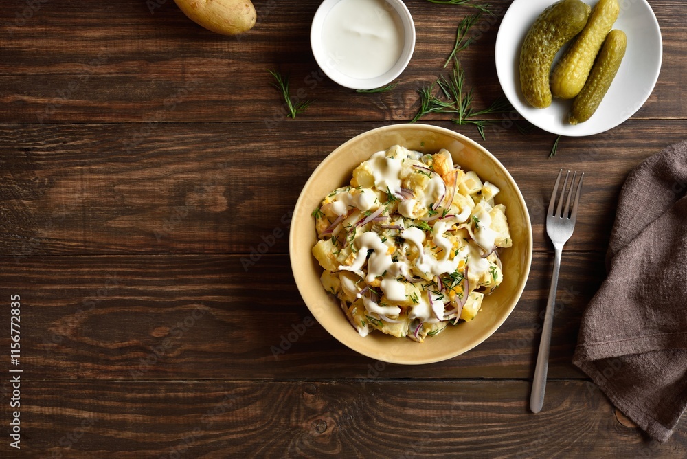 Warm potato salad with egg, pickle, red onion with mayonnaise an Warm potato salad with egg, pickle, red onion with mayonnaise an