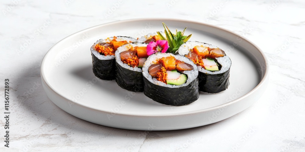 Food trends vegan concept. A beautifully arranged plate of sushi rolls featuring a variety of colorful toppings, garnished with a flower and fresh greens. Food trends vegan concept. A beautifully arranged plate of sushi rolls featuring a variety of colorful toppings, garnished with a flower and fresh greens.