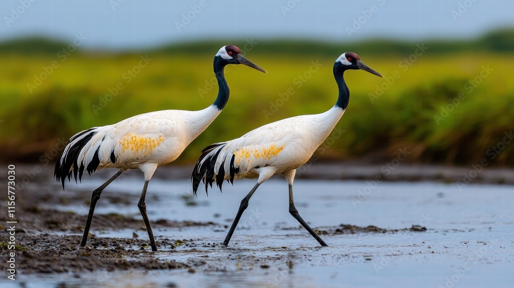 Obraz premium Two cranes walking gracefully near a wetland.