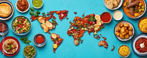 Food trends concept. A colorful arrangement of international dishes shaped like a world map, showcasing diverse culinary traditions on a vibrant blue background.