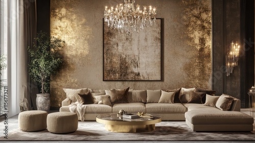 A luxurious living room with a statement chandelier, richly textured walls, and muted tones of gold and beige