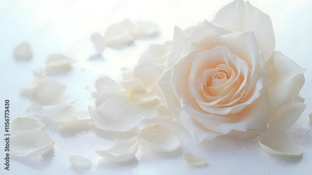 Beautiful white rose and petals on white background. Ideal for greeting cards for wedding, birthday, Valentine's Day, Mother's Day Beautiful white rose and petals on white background. Ideal for greeting cards for wedding, birthday, Valentine's Day, Mother's Day