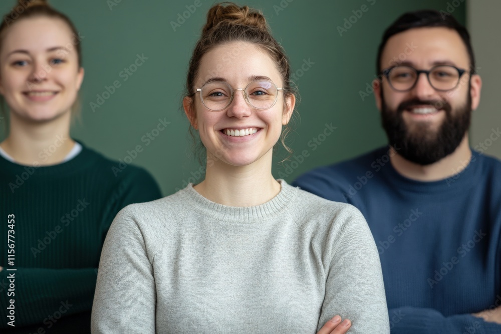 Fototapeta premium Portrait of a diverse group of young professionals smiling and standing together in front of a green background, conveying positivity, teamwork, and modern work culture.