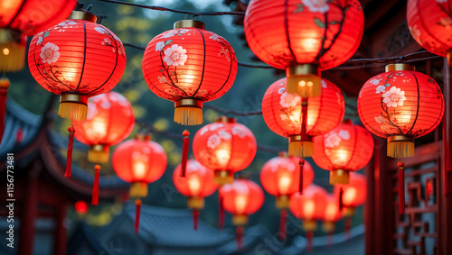 vibrant display of red lanterns illuminating serene setting, showcasing intricate floral designs and warm light, creating festive atmosphere