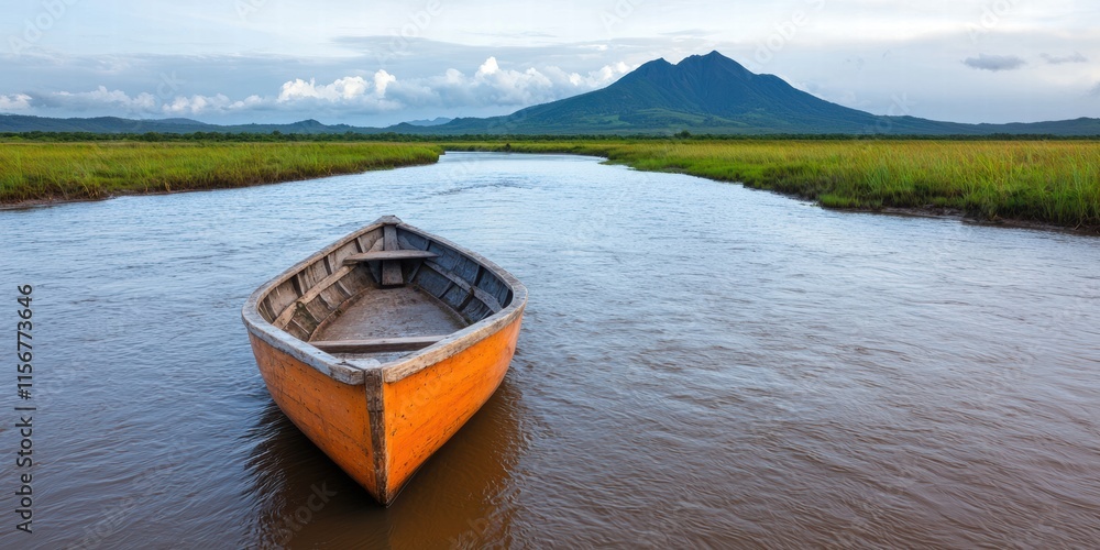 Fototapeta premium A serene landscape with an orange boat and a mountain backdrop.