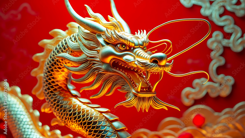 Golden dragon sculpture on vibrant red background, showcasing intricate details and craftsmanship. dragon symbolizes power and strength, creating striking visual impact Golden dragon sculpture on vibrant red background, showcasing intricate details and craftsmanship. dragon symbolizes power and strength, creating striking visual impact