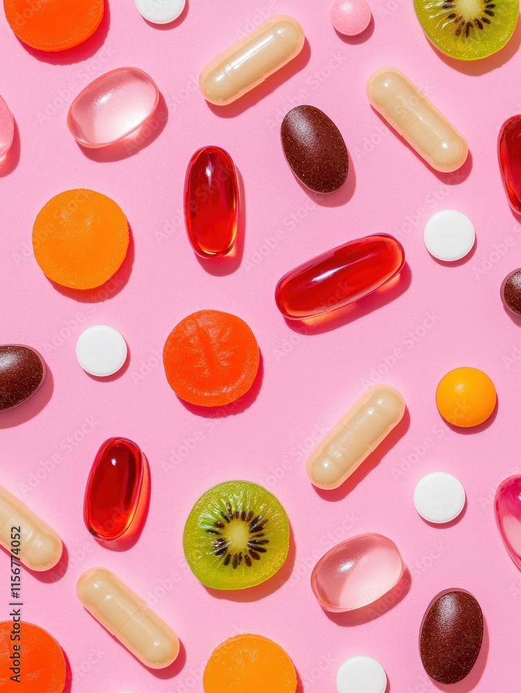 A vibrant arrangement of multicolored vitamins, gummies, and supplements on a pink background, showcasing healthy lifestyle choices. A vibrant arrangement of multicolored vitamins, gummies, and supplements on a pink background, showcasing healthy lifestyle choices.