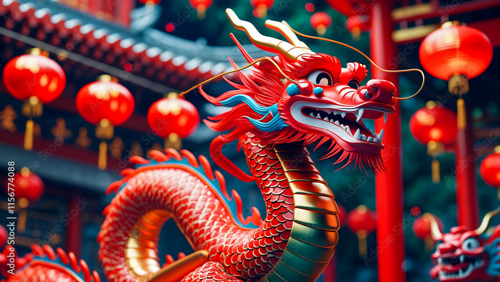 Fototapeta premium vibrant red Chinese dragon adorned with intricate details, surrounded by festive lanterns, symbolizes strength and good fortune during Lunar New Year celebrations
