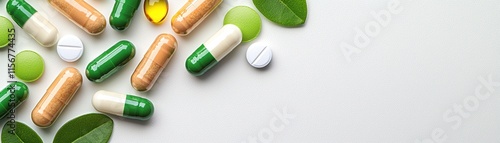 A collection of colorful capsules and pills scattered with green leaves on a light surface, suggesting health and wellness themes. photo