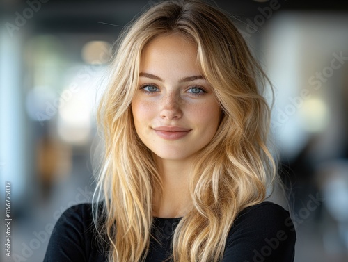 A confident woman with long blonde hair and a black top smiles in a modern office environment, exuding professionalism and success. Free Download A confident woman with long blonde hair and a black top smiles in a modern office environment, exuding professionalism and success. - GFXLoad