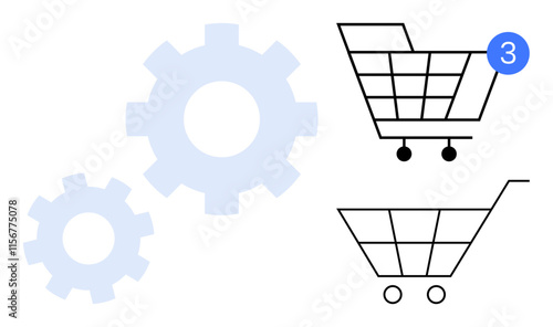 Shopping carts with gears, one cart having notification badge 3. Ideal for e-commerce, online shopping, automation, sales, inventory management, notifications shopping cart functionality. Line