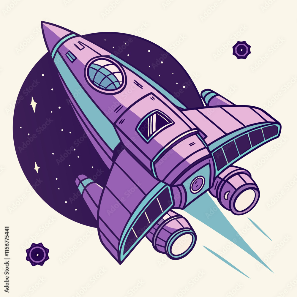 A purple spaceship with a futuristic design flies in outer space. A purple spaceship with a futuristic design flies in outer space.