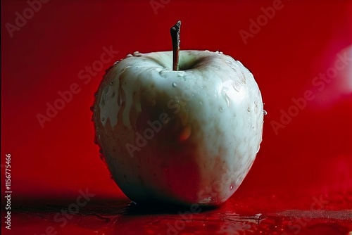 9 inverted colors a white apple on a red background technically photo