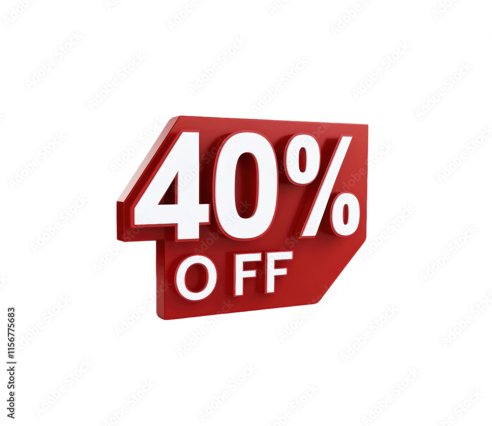 3D text displaying 40% OFF in bold red and white colors, isolated on transparency background, perfect for promotional and discount advertising 3D text displaying 40% OFF in bold red and white colors, isolated on transparency background, perfect for promotional and discount advertising