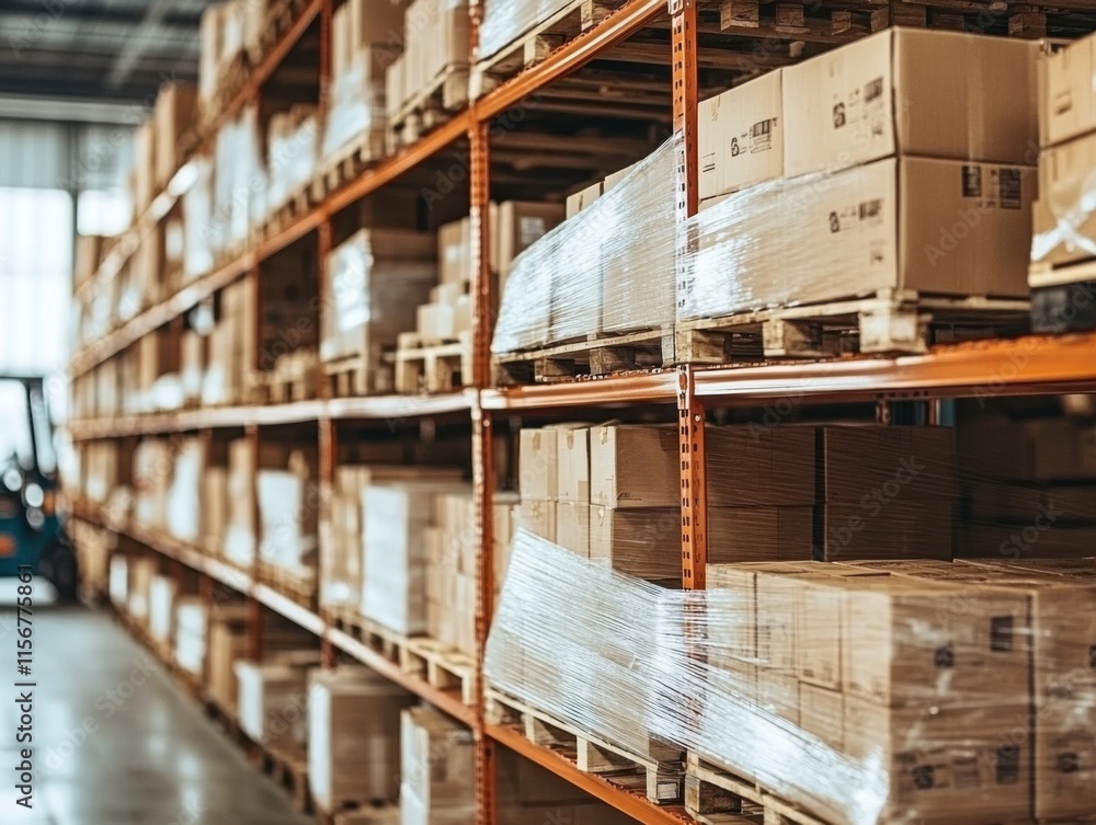 A large retail warehouse with neatly stacked shelves filled with cartons and goods, showcasing organized storage solutions. A large retail warehouse with neatly stacked shelves filled with cartons and goods, showcasing organized storage solutions.