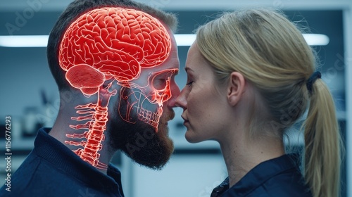 Couple Sharing Intimate Kiss with Detailed Brain Model Symbolizing Connection and Emotional Bonding