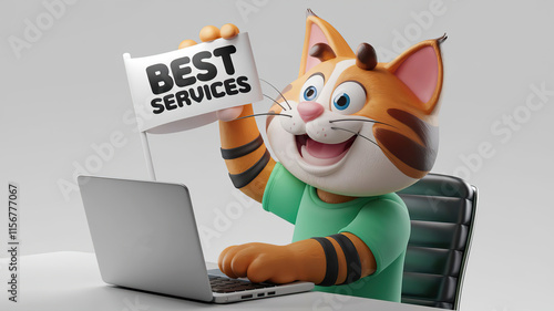 Funny cartoon cat typing on a laptop while waving a Best Services banner white background