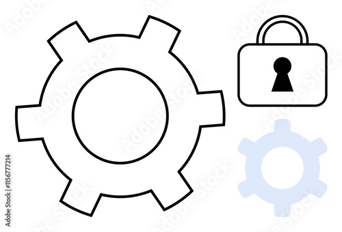 Large and small gears with a lock and keyhole highlighting the concept of security and technology. Ideal for IT, engineering, data protection, mechanics, cybersecurity, industrial processes