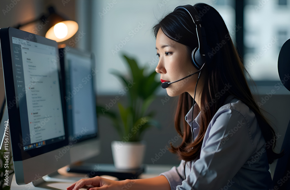 A woman is sitting in front of a computer while wearing a headset.