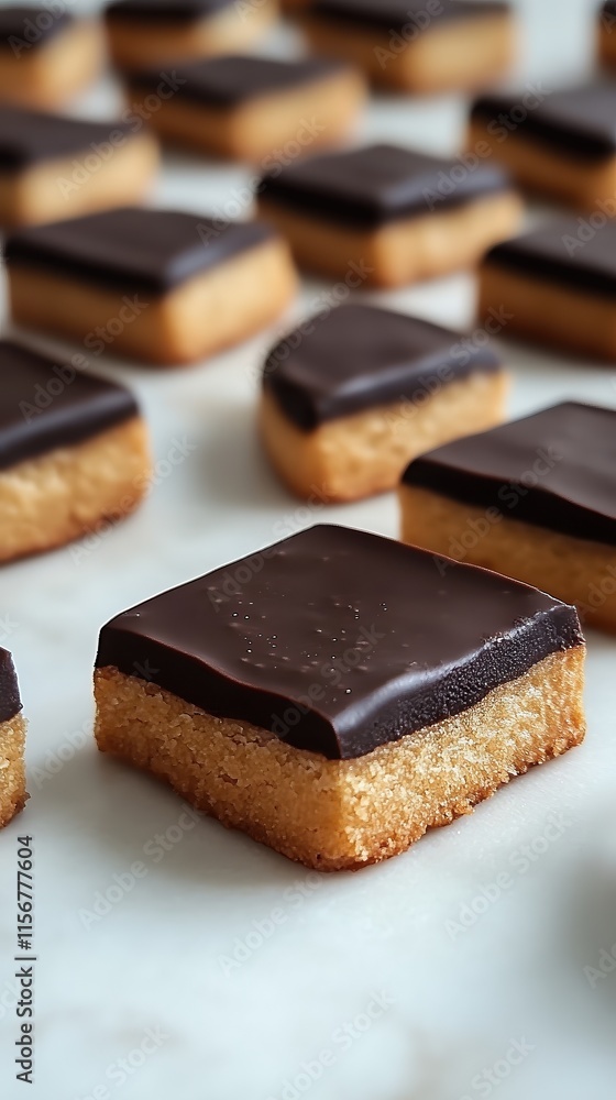 Chocolate-covered shortbread squares neatly arranged on a marble surface. Rich dark chocolate layer contrasts golden buttery shortbread, creating a tempting display of sweet treats. Chocolate-covered shortbread squares neatly arranged on a marble surface. Rich dark chocolate layer contrasts golden buttery shortbread, creating a tempting display of sweet treats.