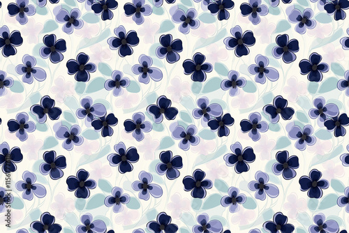 Blue and violet floral pattern featuring small blooming flowers on a white background. A clean and refreshing seamless design for various creative uses. photo