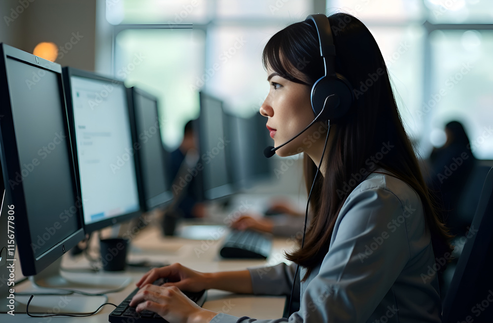 A woman is sitting in front of a computer while wearing a headset.