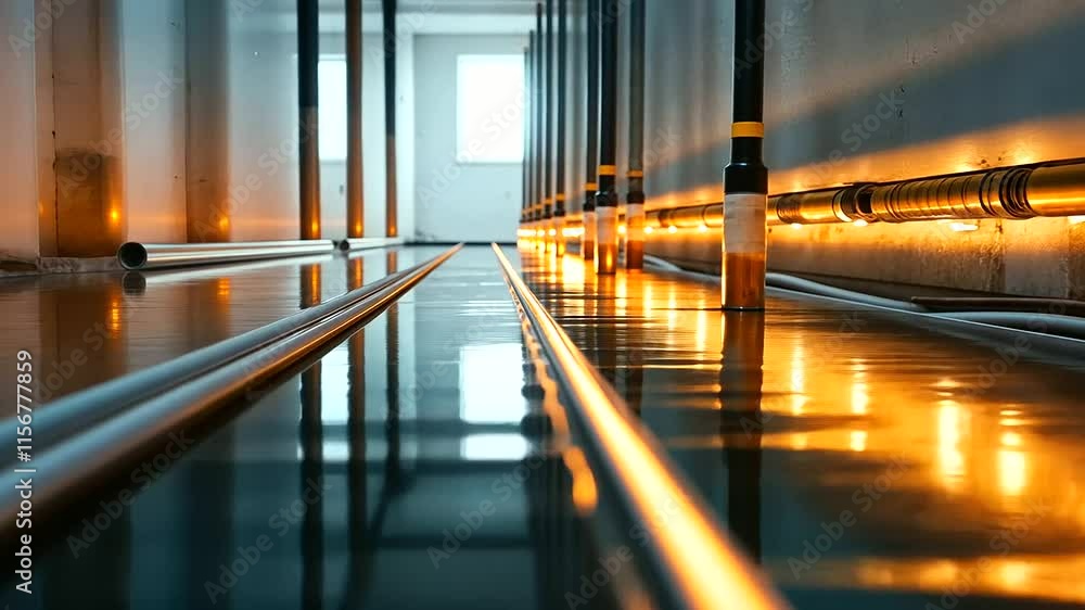Close-up of hydronic pipes embedded in a screed layer, with their radiant heating effect highlighted in soft, glowing tones Close-up of hydronic pipes embedded in a screed layer, with their radiant heating effect highlighted in soft, glowing tones