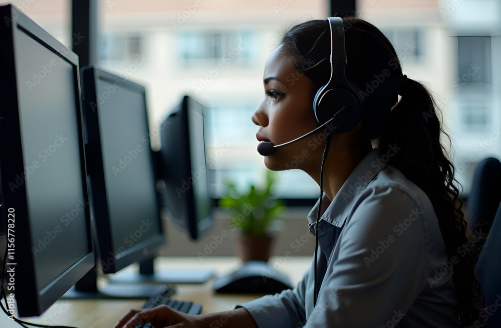 A woman is sitting in front of a computer while wearing a headset.