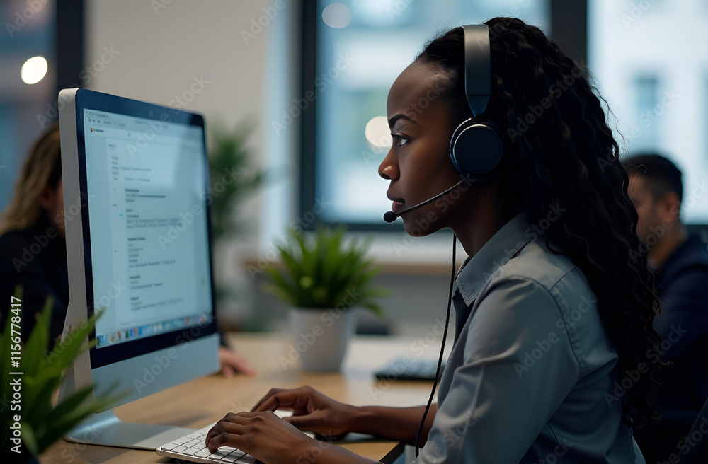A woman is sitting in front of a computer while wearing a headset.