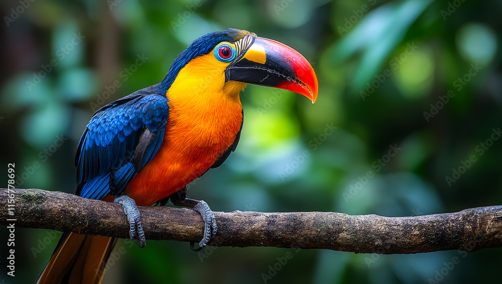 A colorful bird is perched on a branch in a lush green forest. The bird's bright colors and the vibrant green surroundings create a sense of life and energy A colorful bird is perched on a branch in a lush green forest. The bird's bright colors and the vibrant green surroundings create a sense of life and energy
