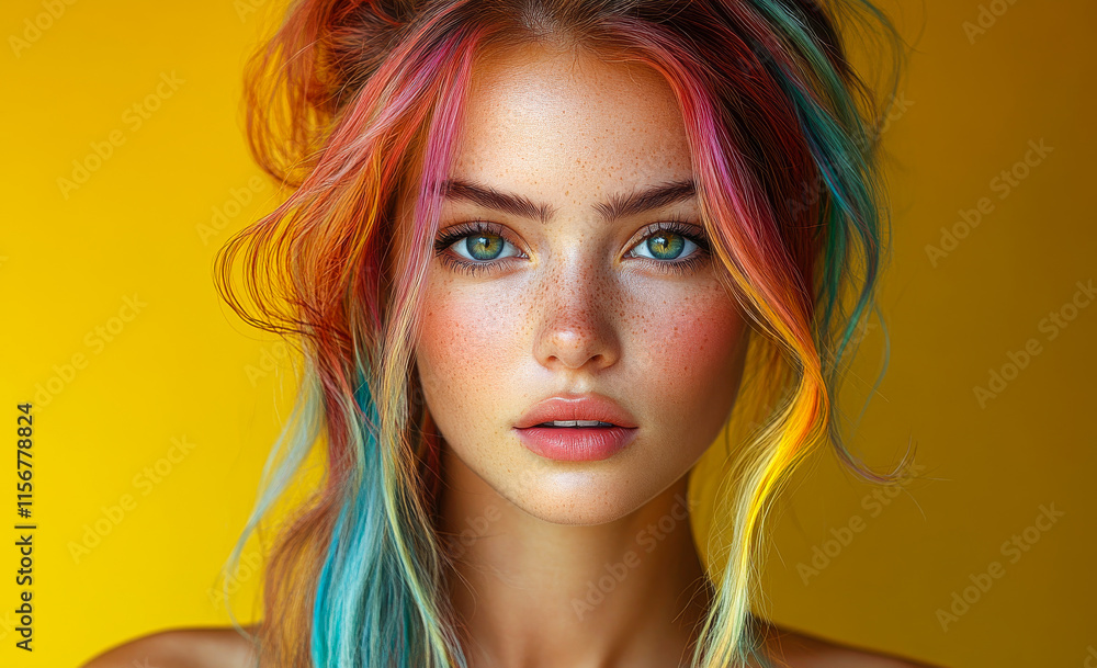A woman with colorful hair and a green eye. She is smiling and looking at the camera. The image has a bright and cheerful mood A woman with colorful hair and a green eye. She is smiling and looking at the camera. The image has a bright and cheerful mood