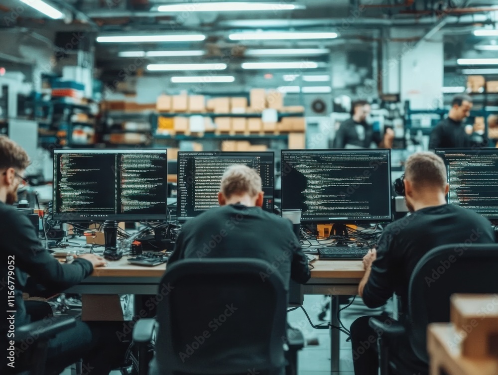 A team of developers is focused on coding at their workstations in a modern office, with multiple monitors displaying code. The atmosphere is busy and collaborative. A team of developers is focused on coding at their workstations in a modern office, with multiple monitors displaying code. The atmosphere is busy and collaborative.