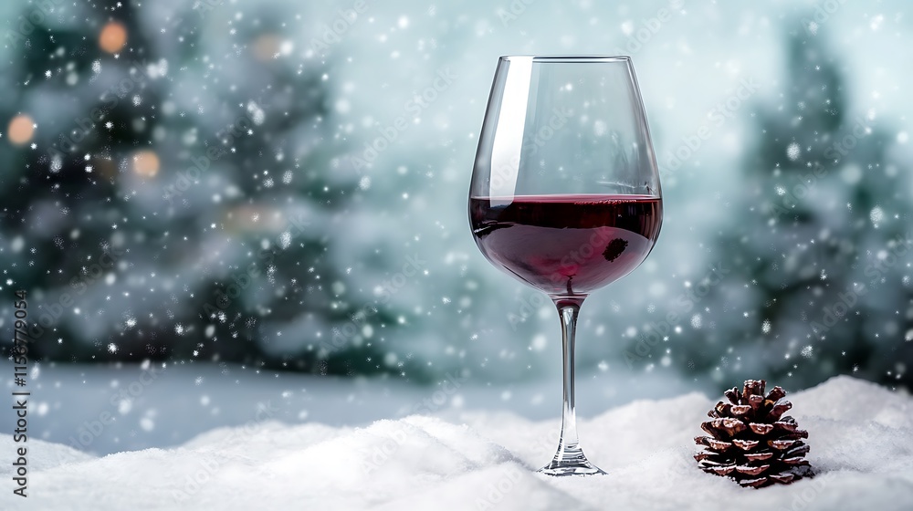 Close-up Photo: Rich Red Wine on Snowy Winter Landscape. AI Generated