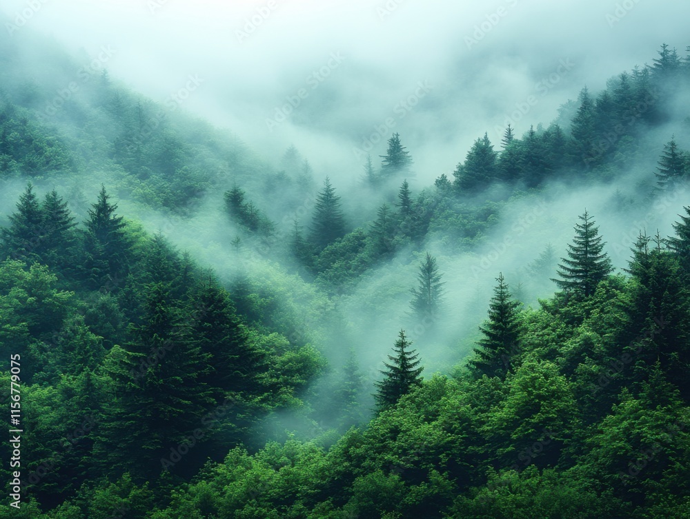 A misty landscape featuring a dense fir forest. The scene is enveloped in fog, giving it a serene and vintage feel. A misty landscape featuring a dense fir forest. The scene is enveloped in fog, giving it a serene and vintage feel.
