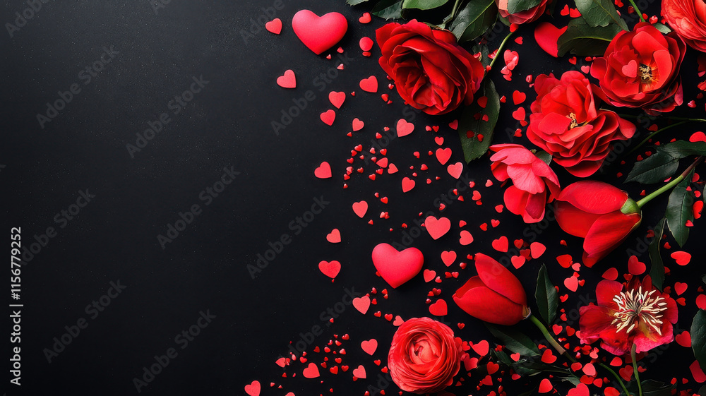 Valentine theme, Beautiful red roses and hearts create festive Valentine Day scene Valentine theme, Beautiful red roses and hearts create festive Valentine Day scene