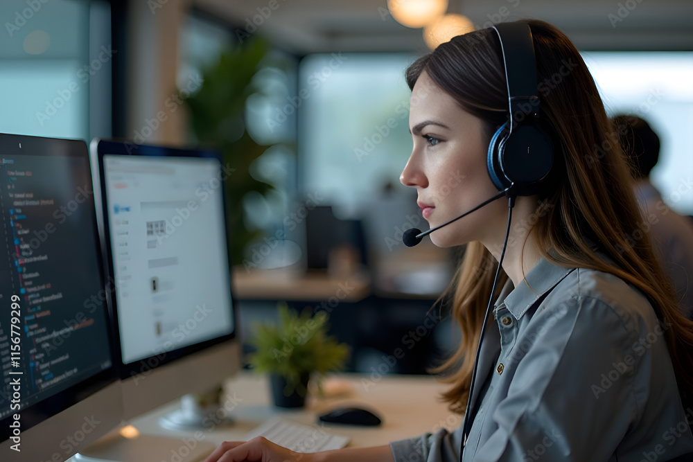 A woman is sitting in front of a computer while wearing a headset.