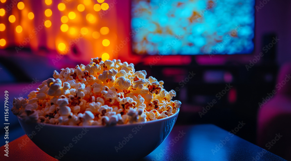 A bowl of popcorn is on a table in front of a television. Scene is relaxed and casual, as it is a movie night at home A bowl of popcorn is on a table in front of a television. Scene is relaxed and casual, as it is a movie night at home