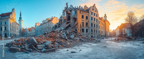 A city street with a large building in the background that has been destroyed. The sky is blue and the sun is setting