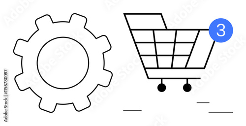 Gear next to a shopping cart with 3 notification badge. Ideal for e-commerce, settings, notifications, alerts, shopping, interface design, online stores. Line metaphor