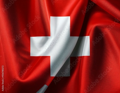 Top view of a Swiss flag on a white surface, featuring ample empty space for text