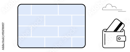 Rectangular wall with brick pattern beside wallet holding credit cards under stylized cloud. Ideal for finance, security, online transactions, payment systems, personal finance, technology